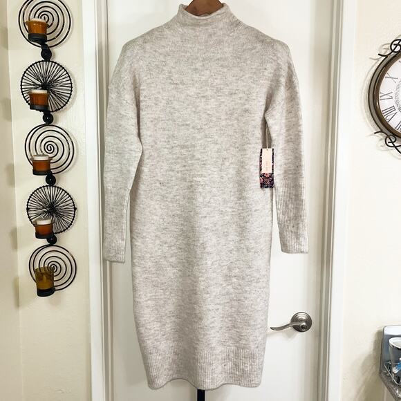 NWT For Thee Alpaca Blend Turtleneck Sweater Midi Dress - Cream, Size M - Picture 1 of 10